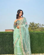 Thumbnail for Teeya Creation Light Green Color Net Fabric Pearl Work Heavy Embroidery Work Saree - Distacart