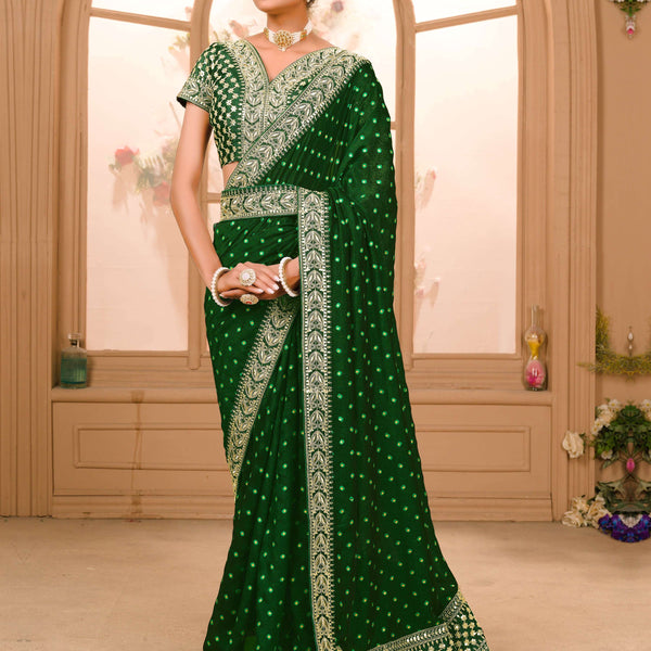 Teeya Creation Green Color Chinnon Silk Heavy Embroidery Work Saree - Distacart