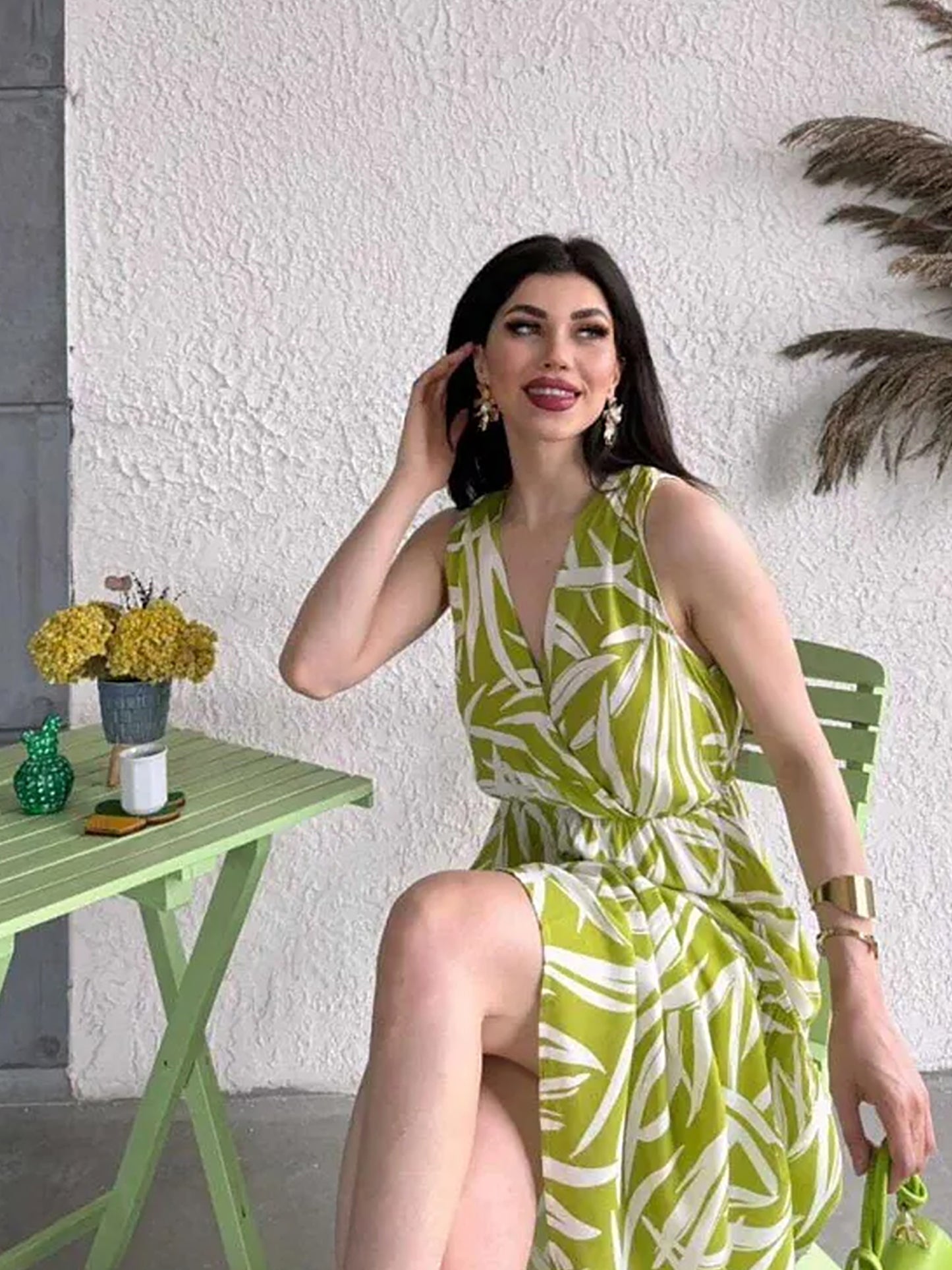 Pimu Viscose Patterned Summer Dress - Elastic Waist, V-Neck - Green - Distacart