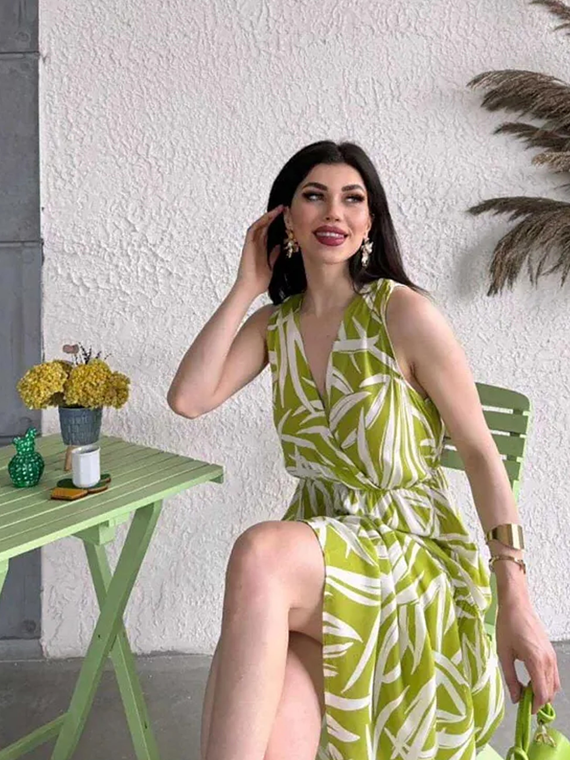 Pimu Viscose Patterned Summer Dress - Elastic Waist, V-Neck - Green - Distacart