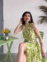 Thumbnail for Pimu Viscose Patterned Summer Dress - Elastic Waist, V-Neck - Green