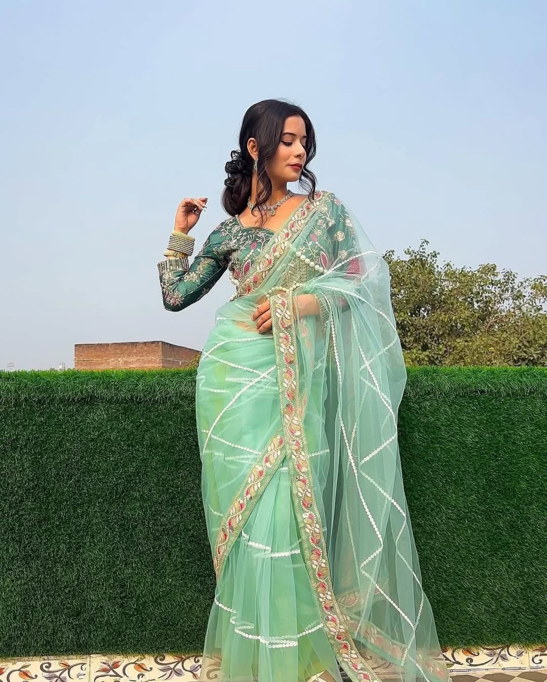 Teeya Creation Light Green Color Net Fabric Pearl Work Heavy Embroidery Work Saree - Distacart