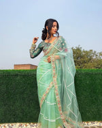 Thumbnail for Teeya Creation Light Green Color Net Fabric Pearl Work Heavy Embroidery Work Saree - Distacart