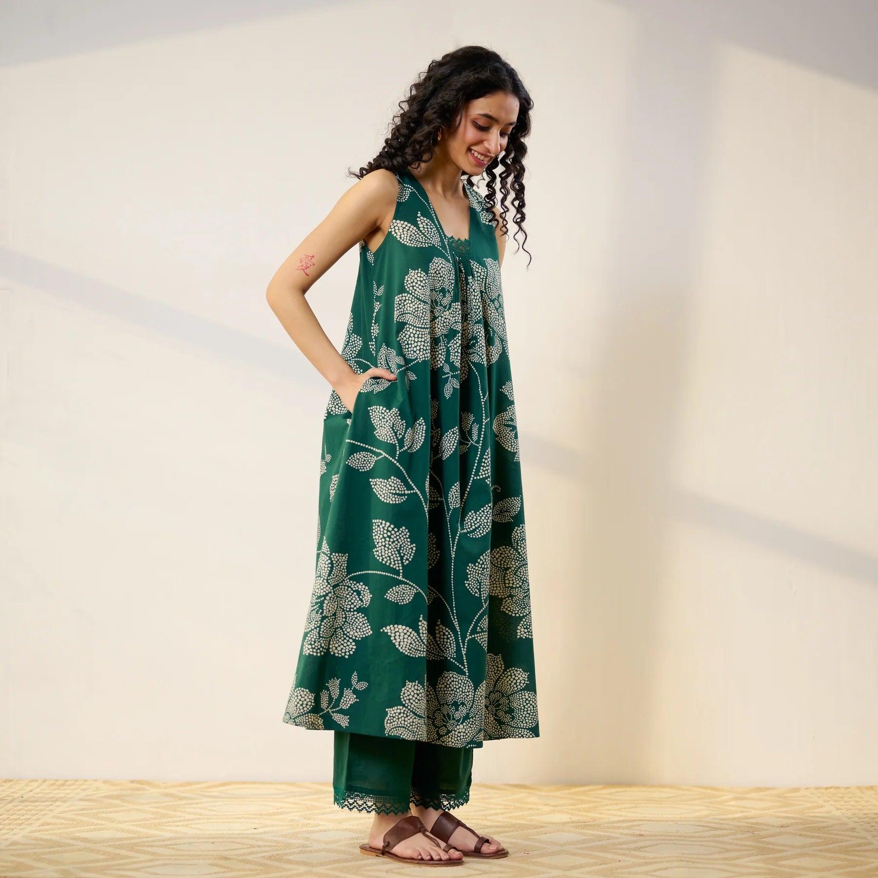 Pimu Women Floral Printed Pleated Pure Cotton Kurta with Palazzos-Green - Distacart