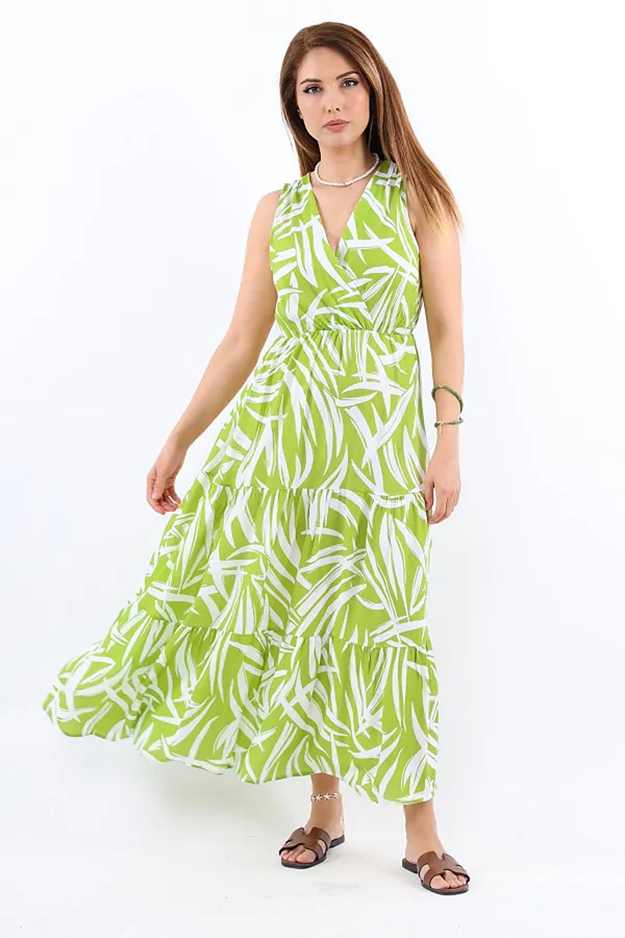 Pimu Viscose Patterned Summer Dress - Elastic Waist, V-Neck - Green