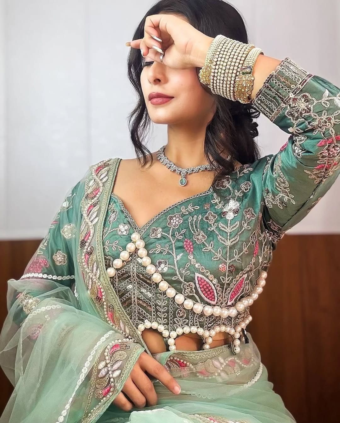 Teeya Creation Light Green Color Net Fabric Pearl Work Heavy Embroidery Work Saree - Distacart