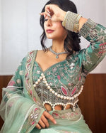 Thumbnail for Teeya Creation Light Green Color Net Fabric Pearl Work Heavy Embroidery Work Saree - Distacart