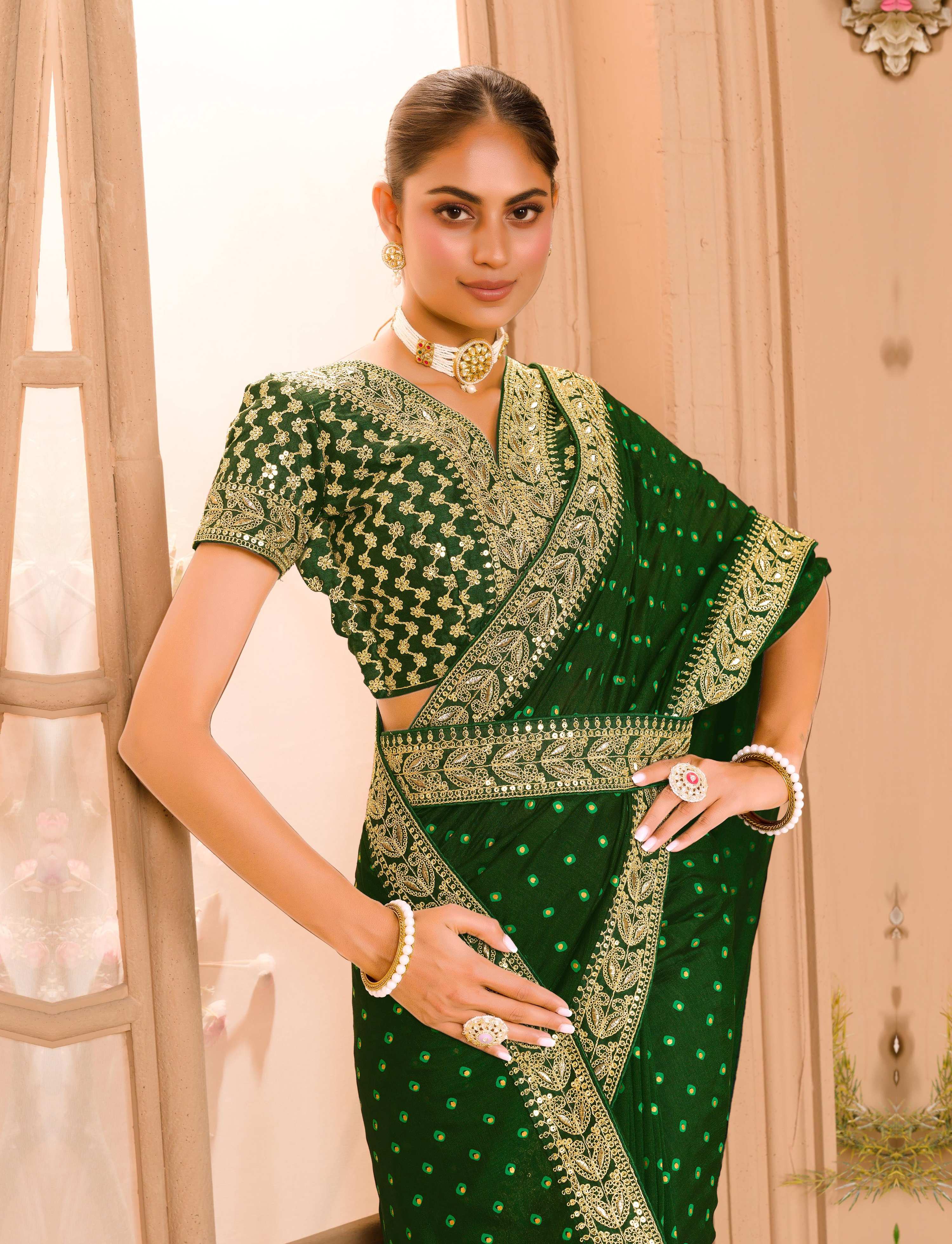 Teeya Creation Green Color Chinnon Silk Heavy Embroidery Work Saree - Distacart
