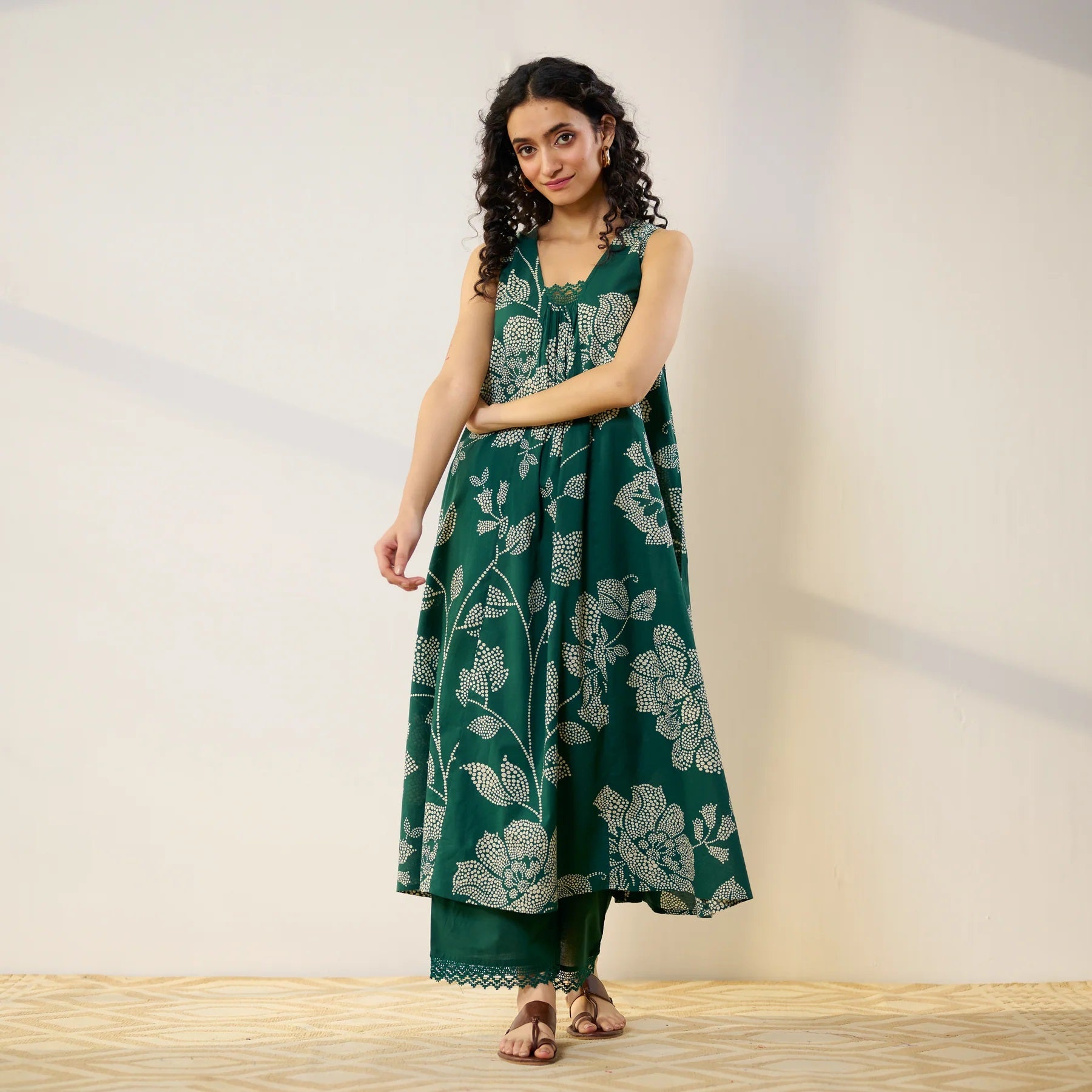 Pimu Women Floral Printed Pleated Pure Cotton Kurta with Palazzos-Green - Distacart
