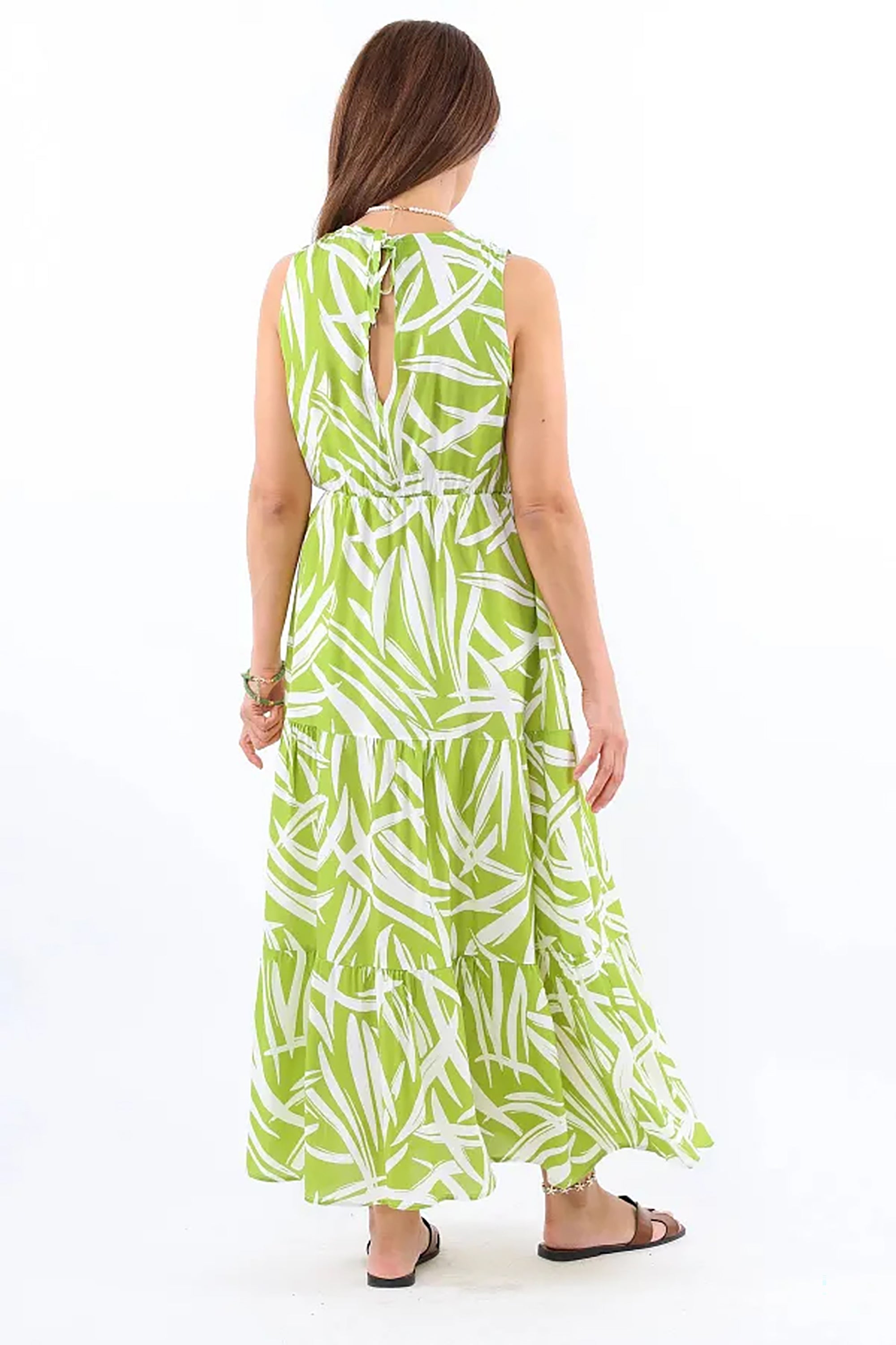 Pimu Viscose Patterned Summer Dress - Elastic Waist, V-Neck - Green