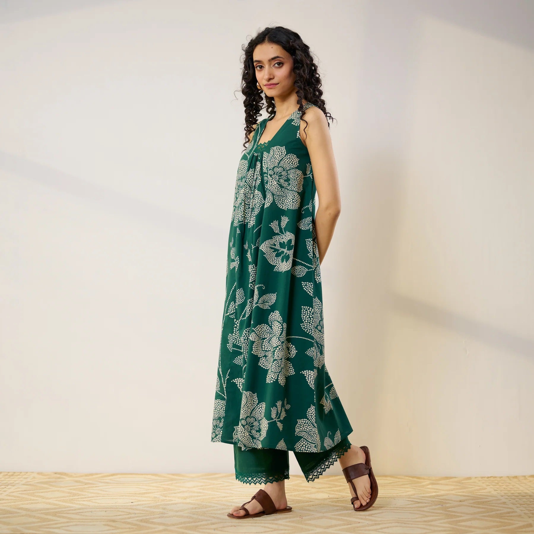 Pimu Women Floral Printed Pleated Pure Cotton Kurta with Palazzos-Green - Distacart