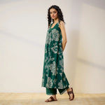 Thumbnail for Pimu Women Floral Printed Pleated Pure Cotton Kurta with Palazzos-Green - Distacart