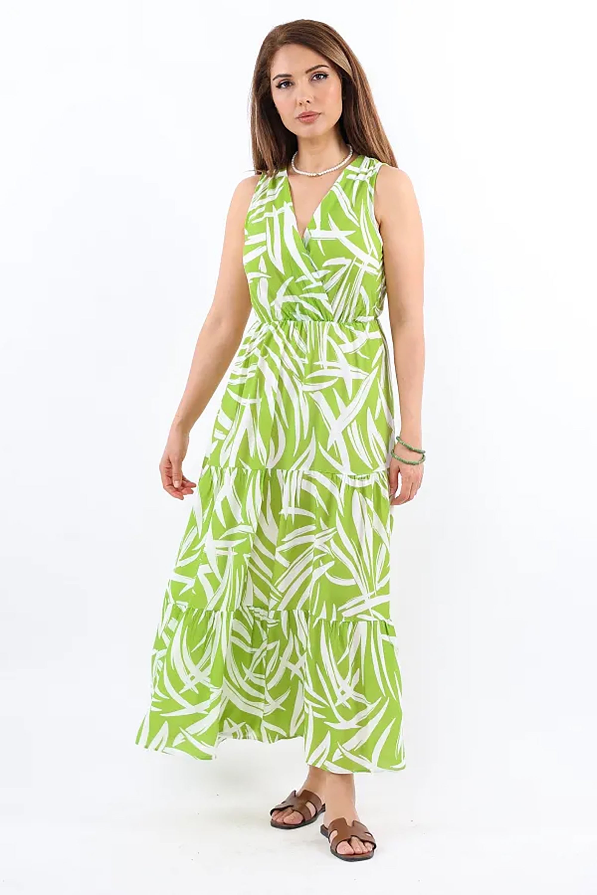 Pimu Viscose Patterned Summer Dress - Elastic Waist, V-Neck - Green