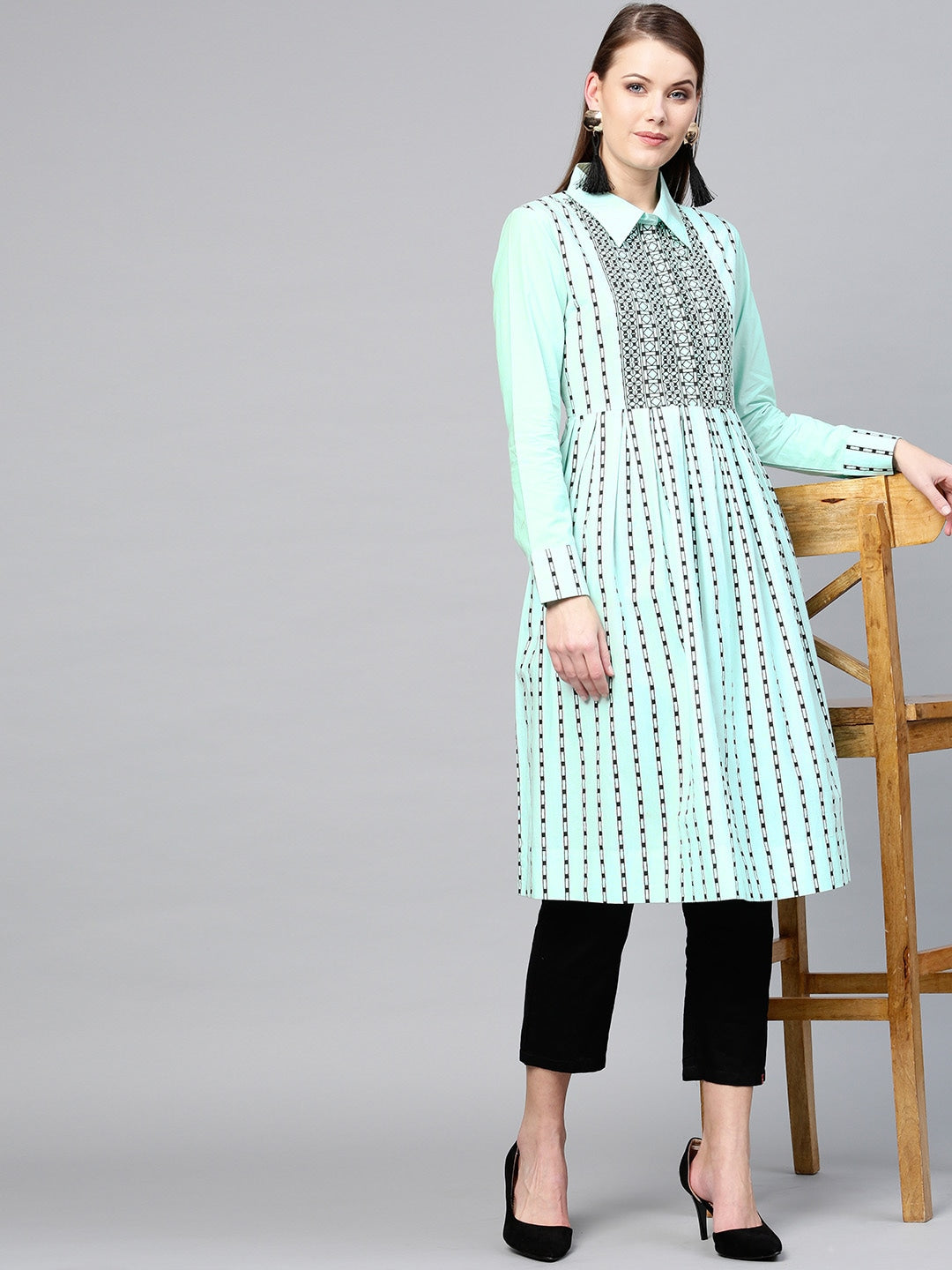 Yufta Green & Black Striped Tunic - Distacart
