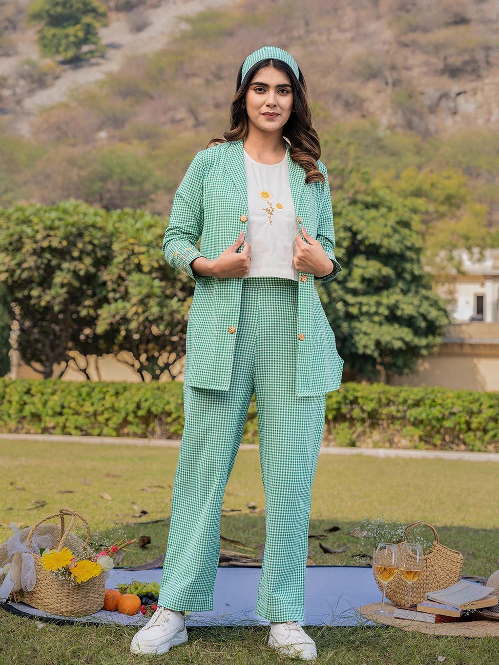 Yufta Green Cotton Checks Print Co Ord Set With Embroidery