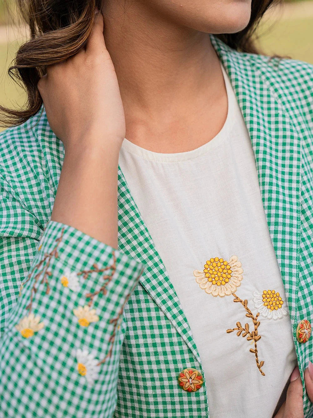 Yufta Green Cotton Checks Print Co Ord Set With Embroidery