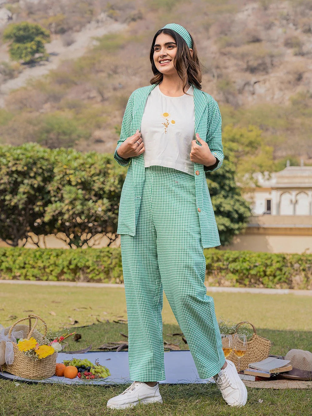 Yufta Green Cotton Checks Print Co Ord Set With Embroidery - Distacart