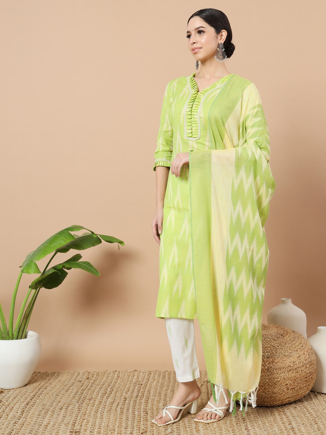 Yufta Green Cotton Ikat Kurta Dupatta Set - Distacart