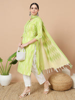 Thumbnail for Yufta Green Cotton Ikat Kurta Dupatta Set - Distacart