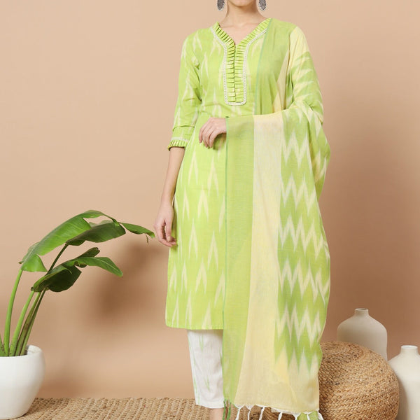 Yufta Green Cotton Ikat Kurta Dupatta Set - Distacart