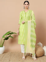Thumbnail for Yufta Green Cotton Ikat Kurta Dupatta Set - Distacart