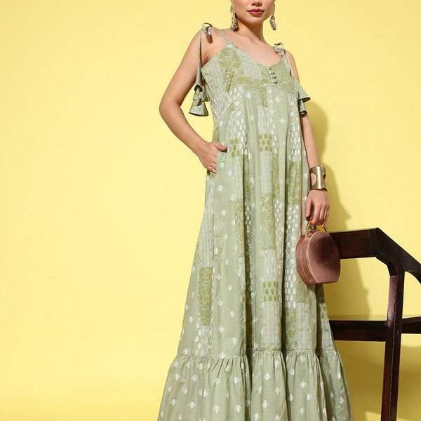 Yufta Green Ethnic Motifs Print Cotton A-Line Maxi Dress - Distacart