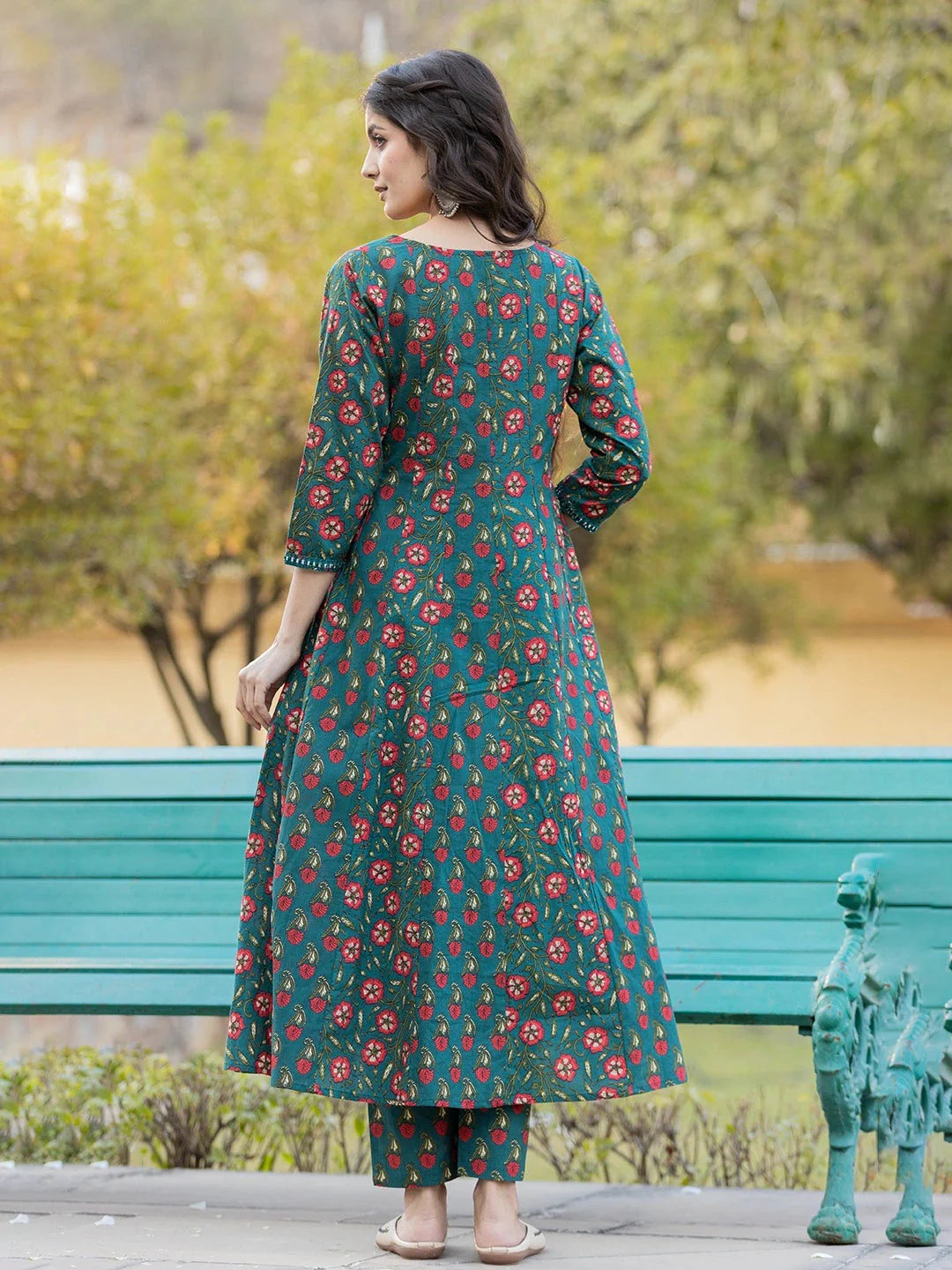 Yufta Green Floral Print Mirror_Work Anarkali Kurta Trouser And Dupatta Set - Distacart