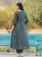 Thumbnail for Yufta Green Floral Print Mirror_Work Anarkali Kurta Trouser And Dupatta Set - Distacart