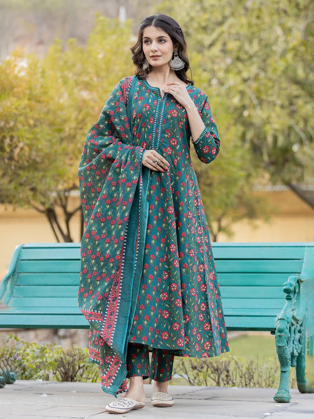 Yufta Green Floral Print Mirror_Work Anarkali Kurta Trouser And Dupatta Set - Distacart