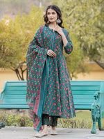 Thumbnail for Yufta Green Floral Print Mirror_Work Anarkali Kurta Trouser And Dupatta Set - Distacart