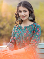 Thumbnail for Yufta Green Floral Print Mirror_Work Anarkali Kurta Trouser And Dupatta Set - Distacart