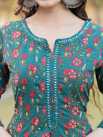 Thumbnail for Yufta Green Floral Print Mirror_Work Anarkali Kurta Trouser And Dupatta Set - Distacart