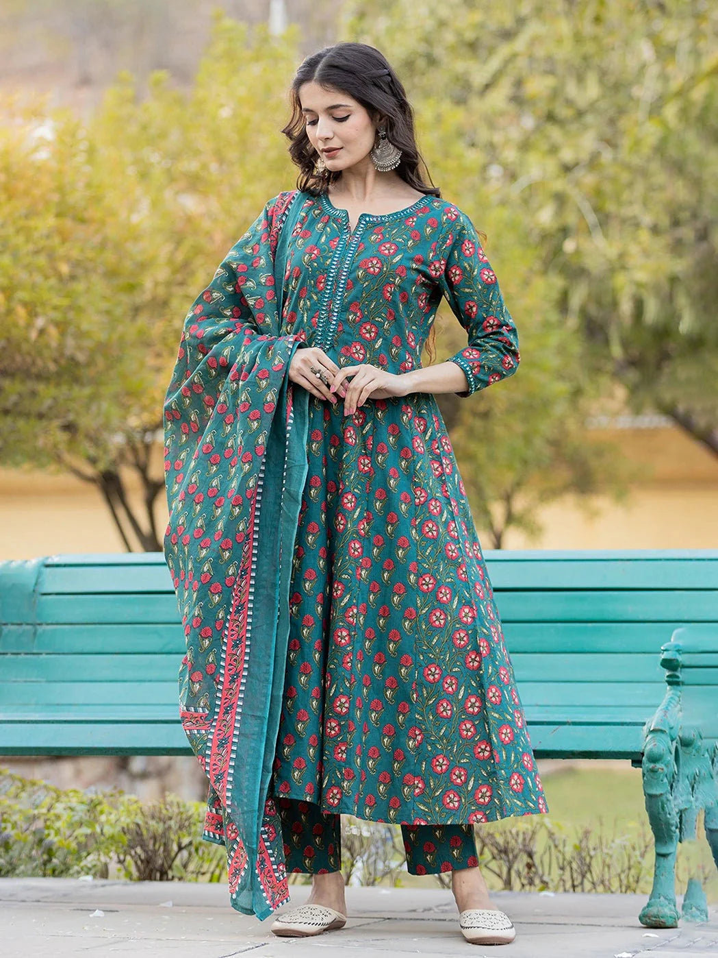Yufta Green Floral Print Mirror_Work Anarkali Kurta Trouser And Dupatta Set - Distacart