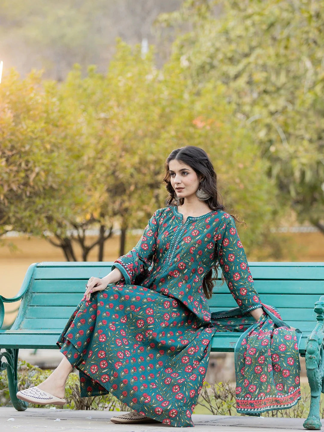 Yufta Green Floral Print Mirror_Work Anarkali Kurta Trouser And Dupatta Set - Distacart