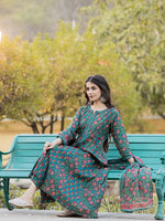 Thumbnail for Yufta Green Floral Print Mirror_Work Anarkali Kurta Trouser And Dupatta Set - Distacart
