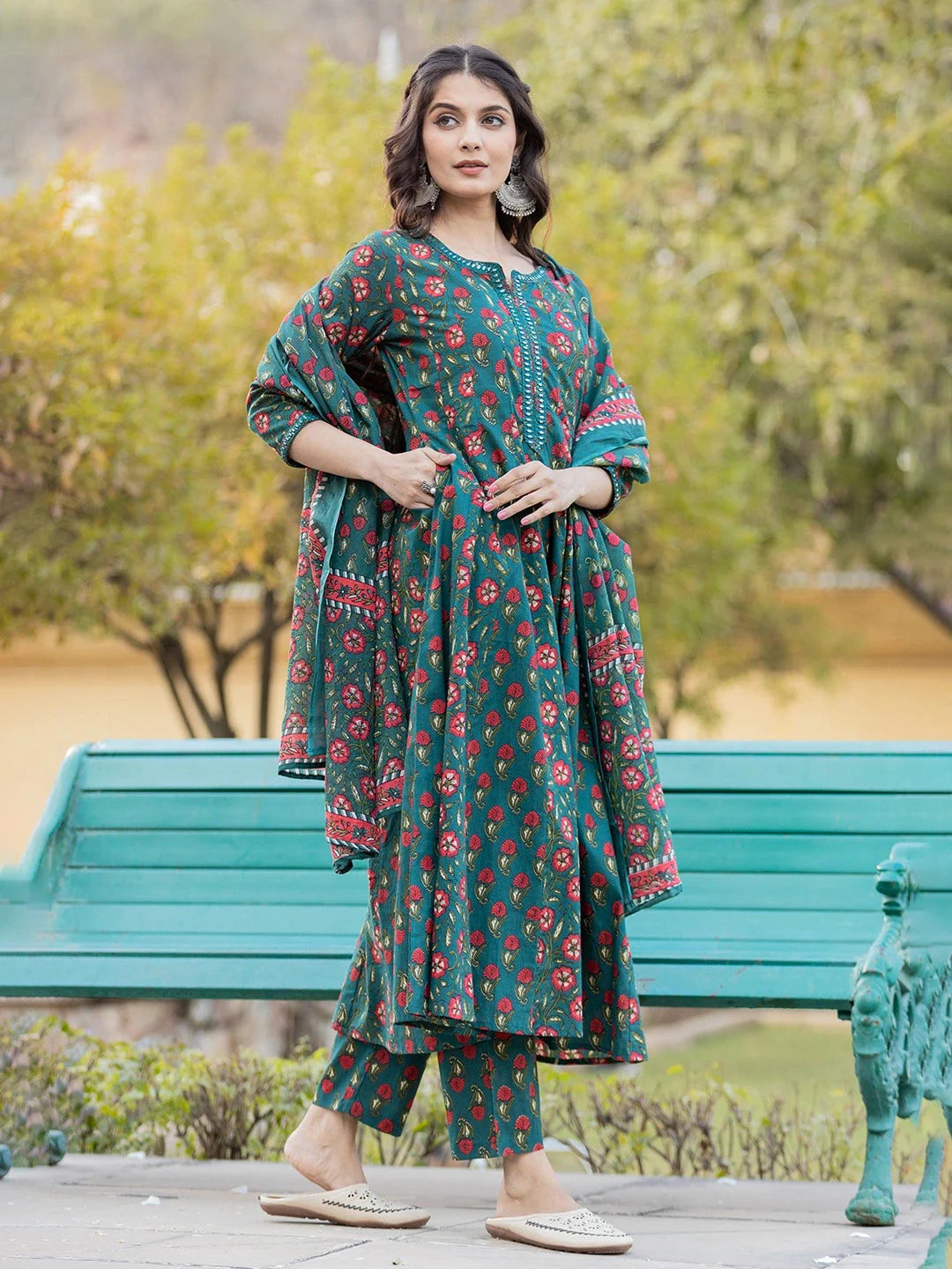 Yufta Green Floral Print Mirror_Work Anarkali Kurta Trouser And Dupatta Set - Distacart