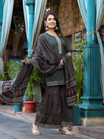 Thumbnail for Yufta Green Floral Zari_Work Kurta Sharara With Dupatta Set