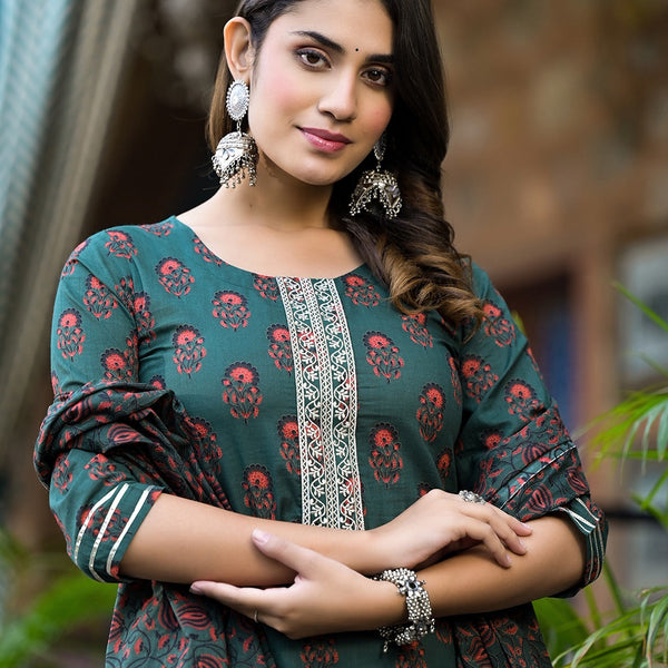 Yufta Green Floral Zari_Work Kurta Sharara With Dupatta Set - Distacart