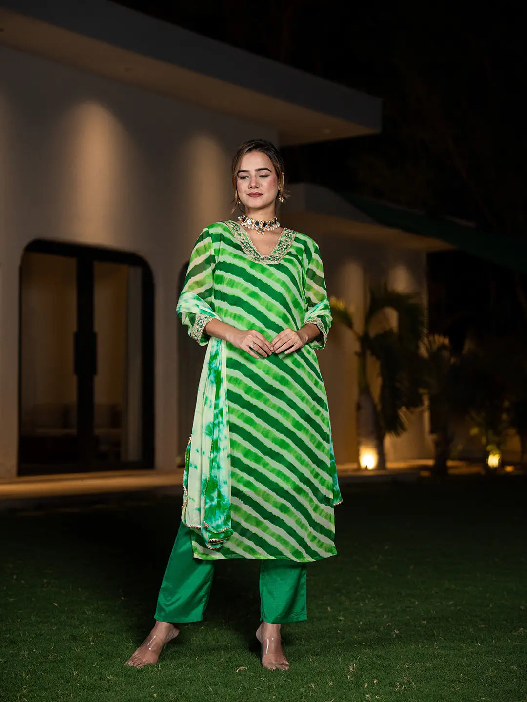 Yufta Green Leheriya Print Poly Georgette Straight Suit Set - Distacart