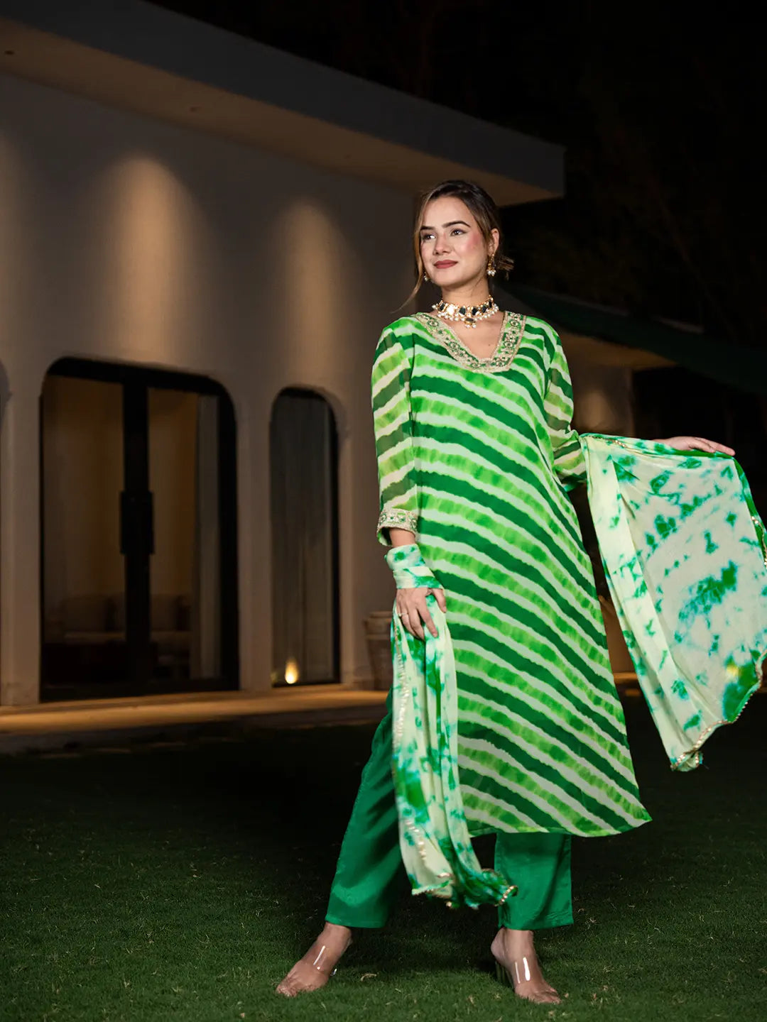 Yufta Green Leheriya Print Poly Georgette Straight Suit Set - Distacart