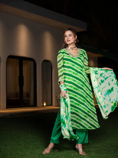 Yufta Green Leheriya Print Poly Georgette Straight Suit Set - Distacart