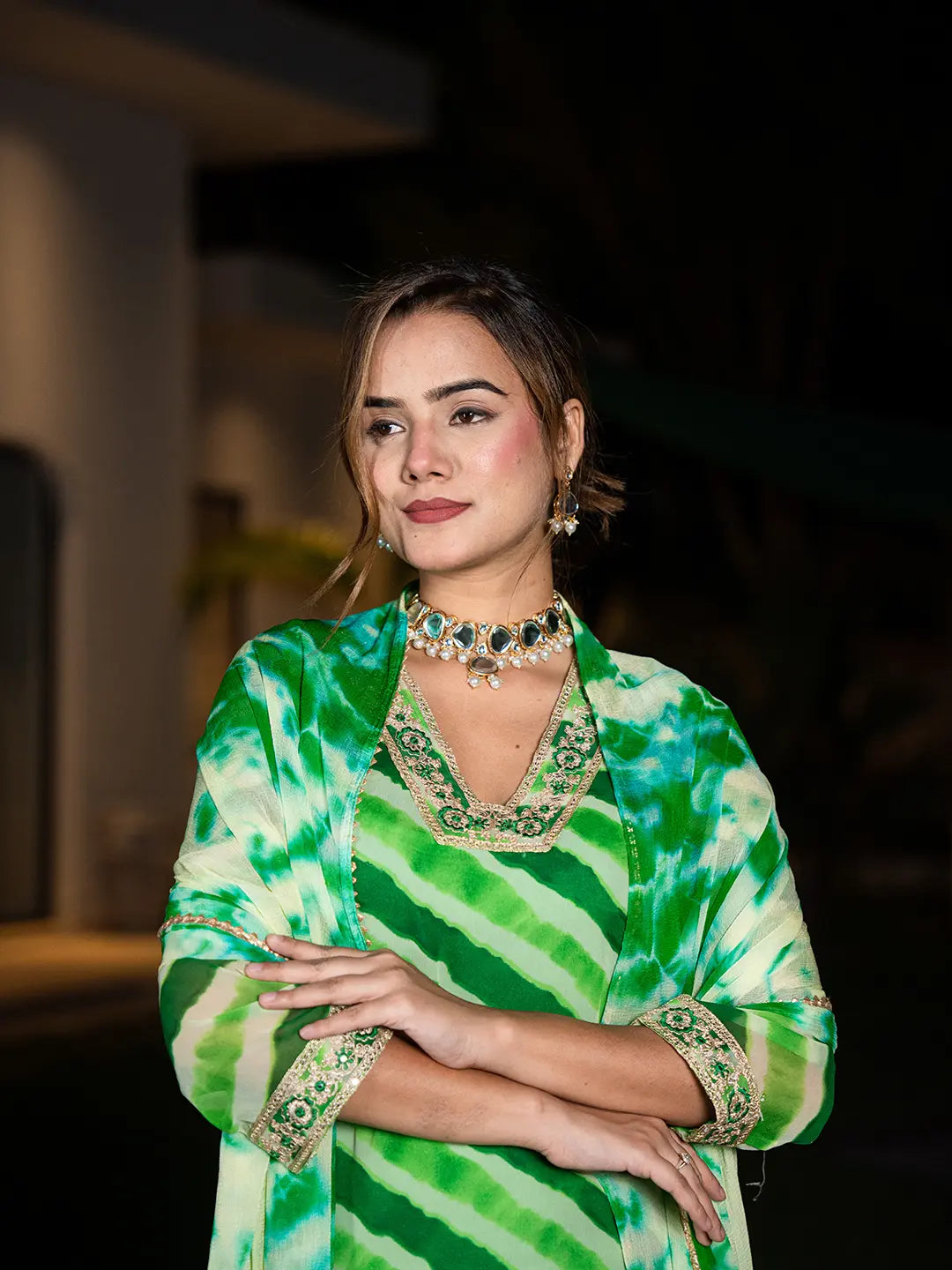 Yufta Green Leheriya Print Poly Georgette Straight Suit Set