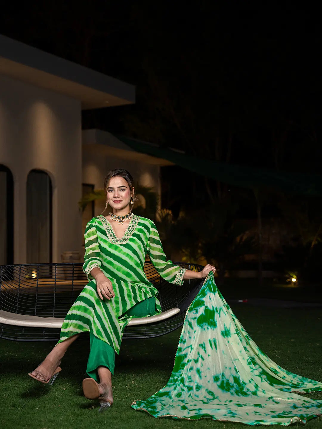 Yufta Green Leheriya Print Poly Georgette Straight Suit Set