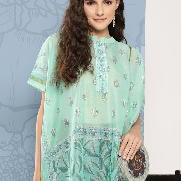 Yufta Green Printed Ethnic Chanderi Cotton Kaftan Longline Top - Distacart