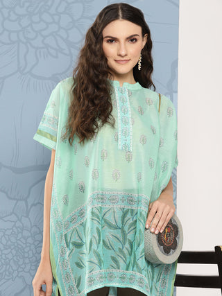 Yufta Green Printed Ethnic Chanderi Cotton Kaftan Longline Top - Distacart