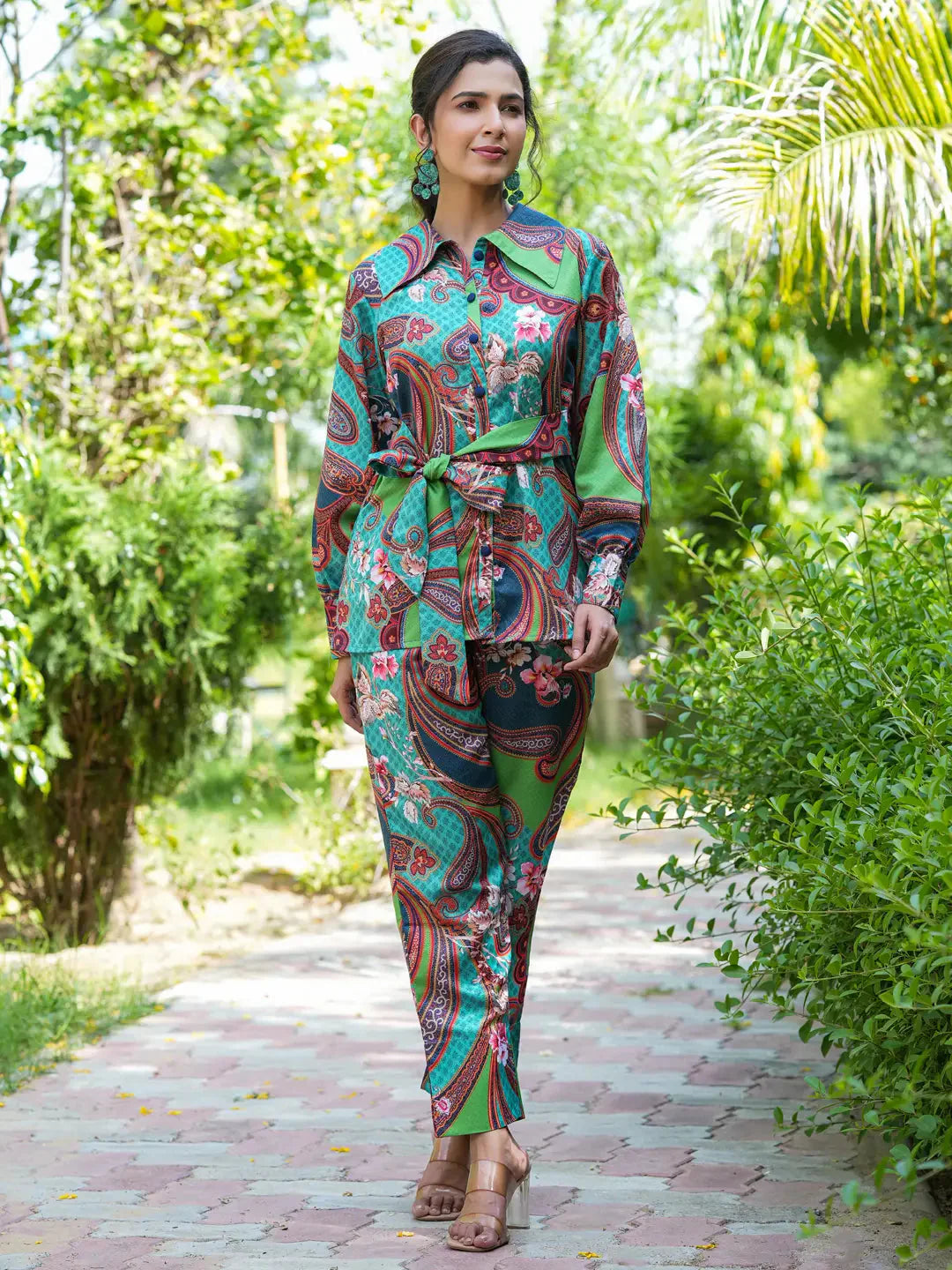 Yufta Green and Turquoise Blue Printed Satin Co-Ords - Distacart