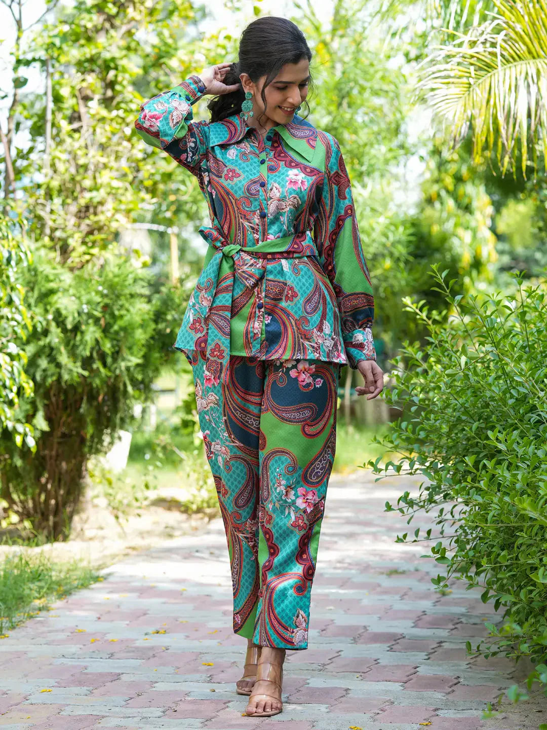 Yufta Green and Turquoise Blue Printed Satin Co-Ords
