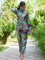 Thumbnail for Yufta Green and Turquoise Blue Printed Satin Co-Ords