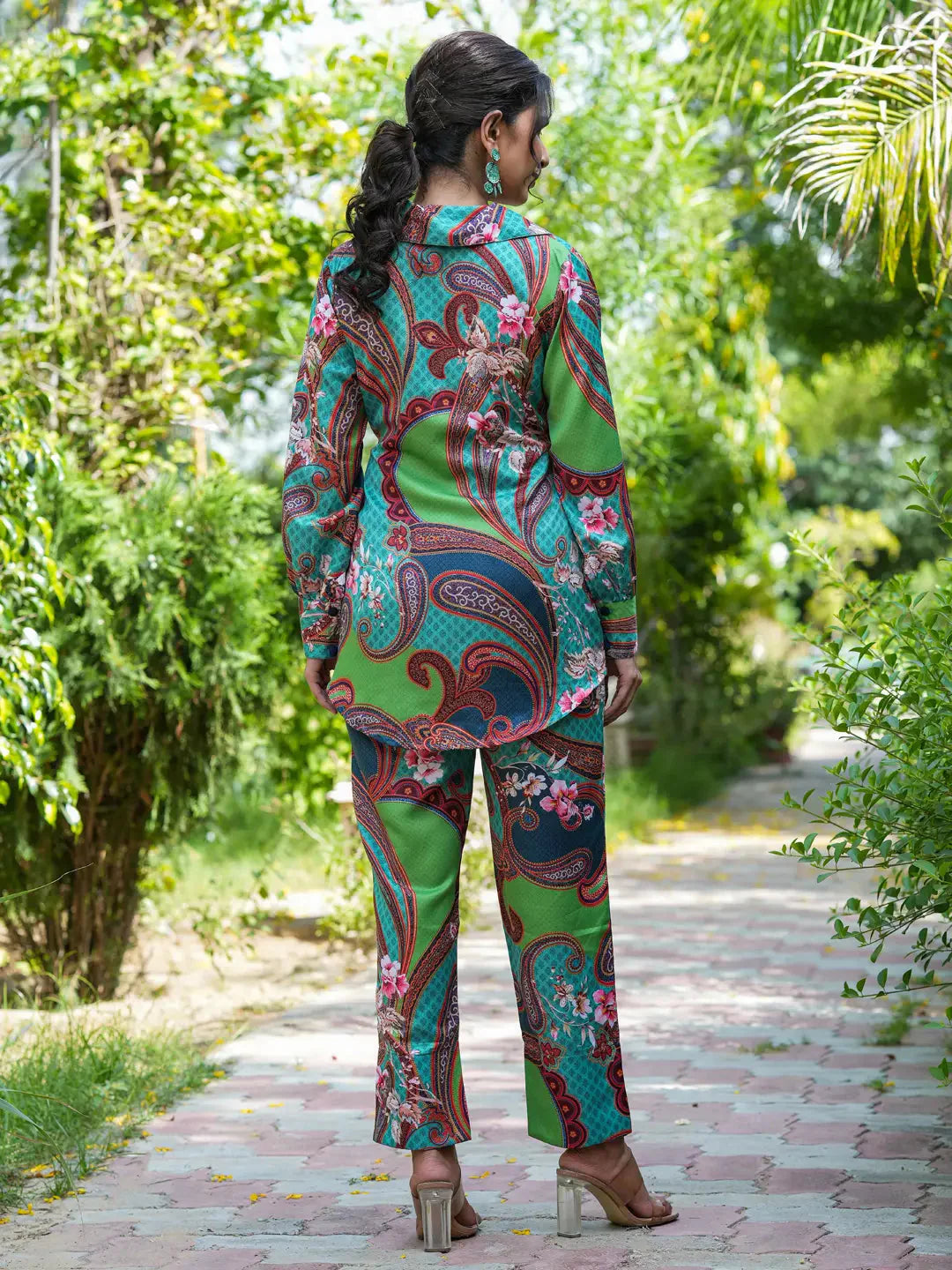 Yufta Green and Turquoise Blue Printed Satin Co-Ords