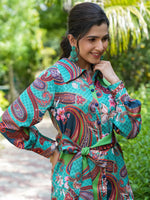 Thumbnail for Yufta Green and Turquoise Blue Printed Satin Co-Ords